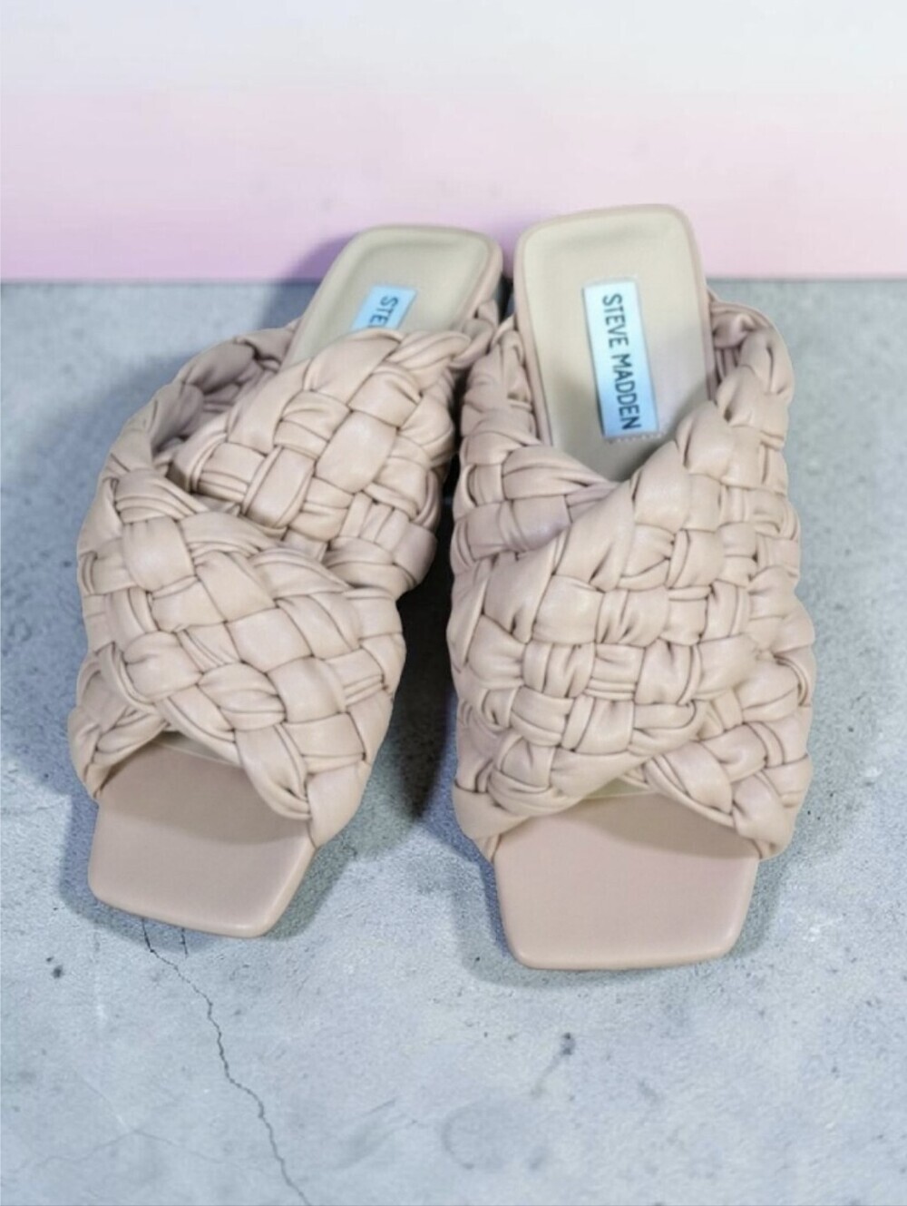 Steve Madden | Marina PU Leather Wide Strap Woven Square Toe Slide Sandals